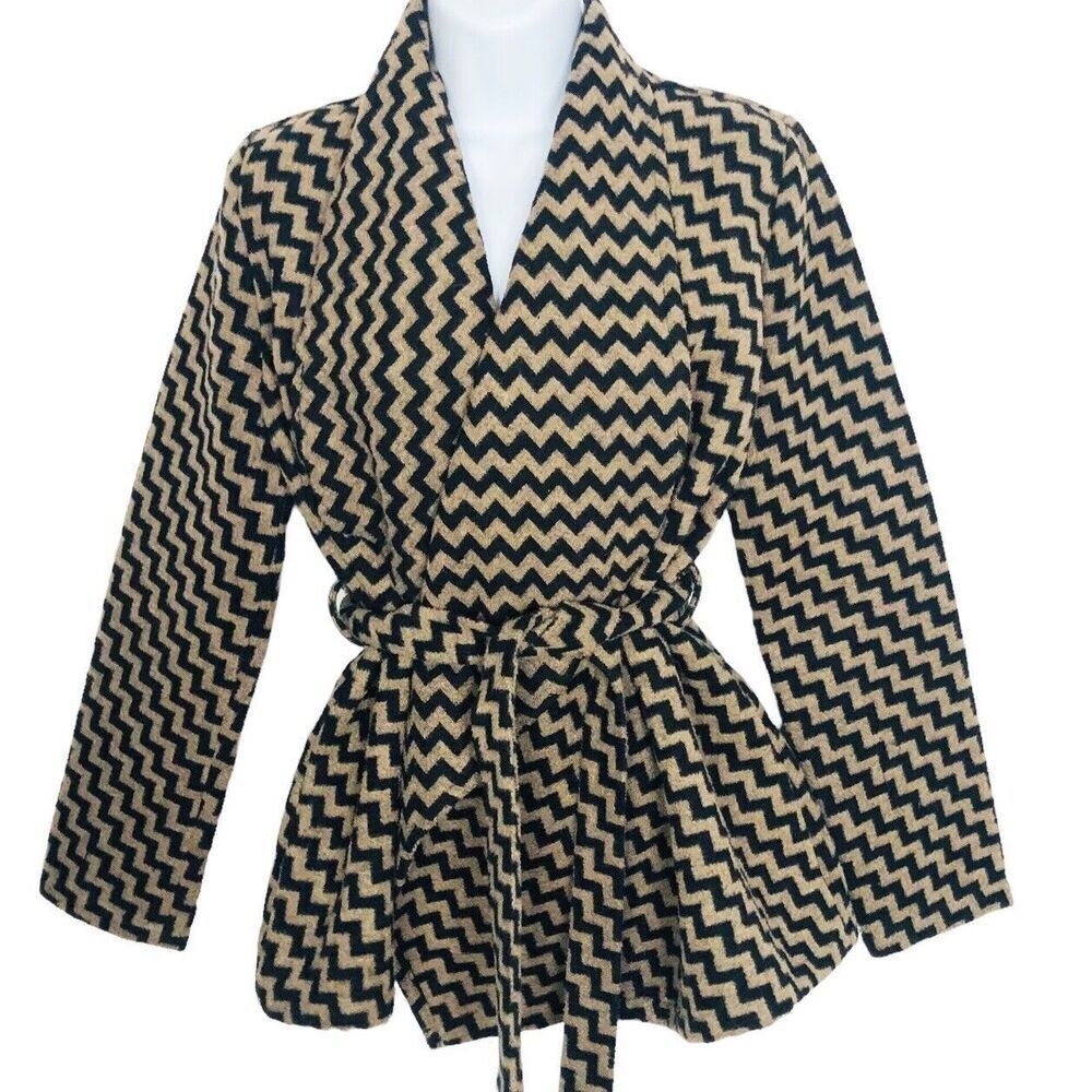 Anthropologie Black and Tan Zigzag Belted Pea Coat